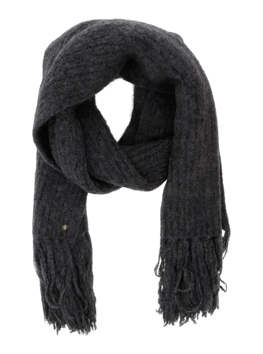 Esarfa Grey scarf with logo plaque and frayed edges in wool and alpaca blend women - Img 2
