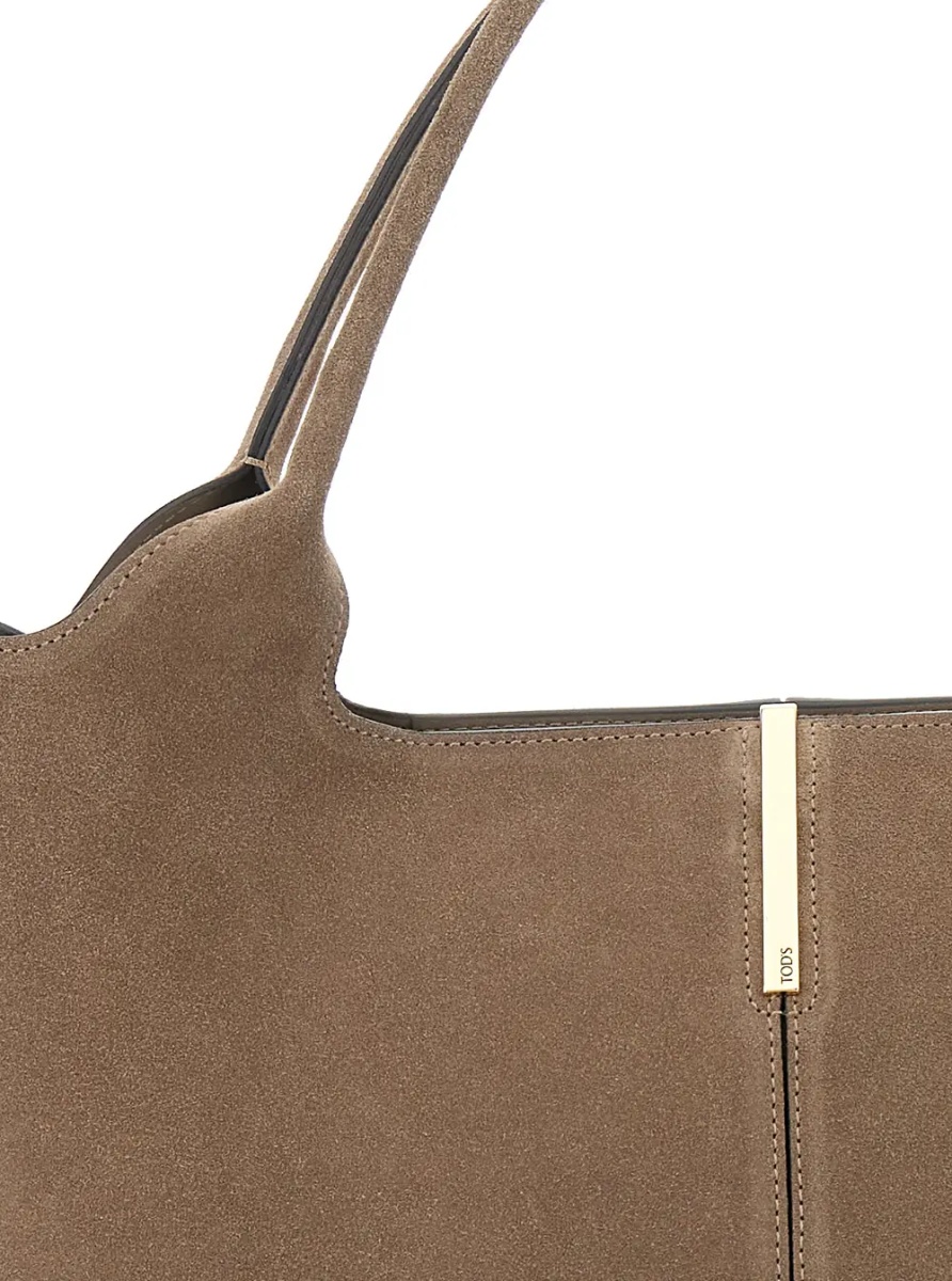 Geanta de mana Beige 'Ebr' Tote Bag with Logo Plate on the Front and Contrast Stitching in Suede for Women - Img 3