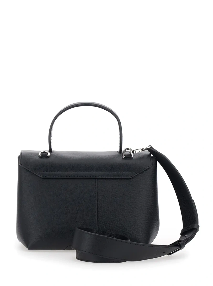 Geanta de mana Black handbag with adjustable and removable shoulder strap and logo lettering on the front in leather for women - Img 2