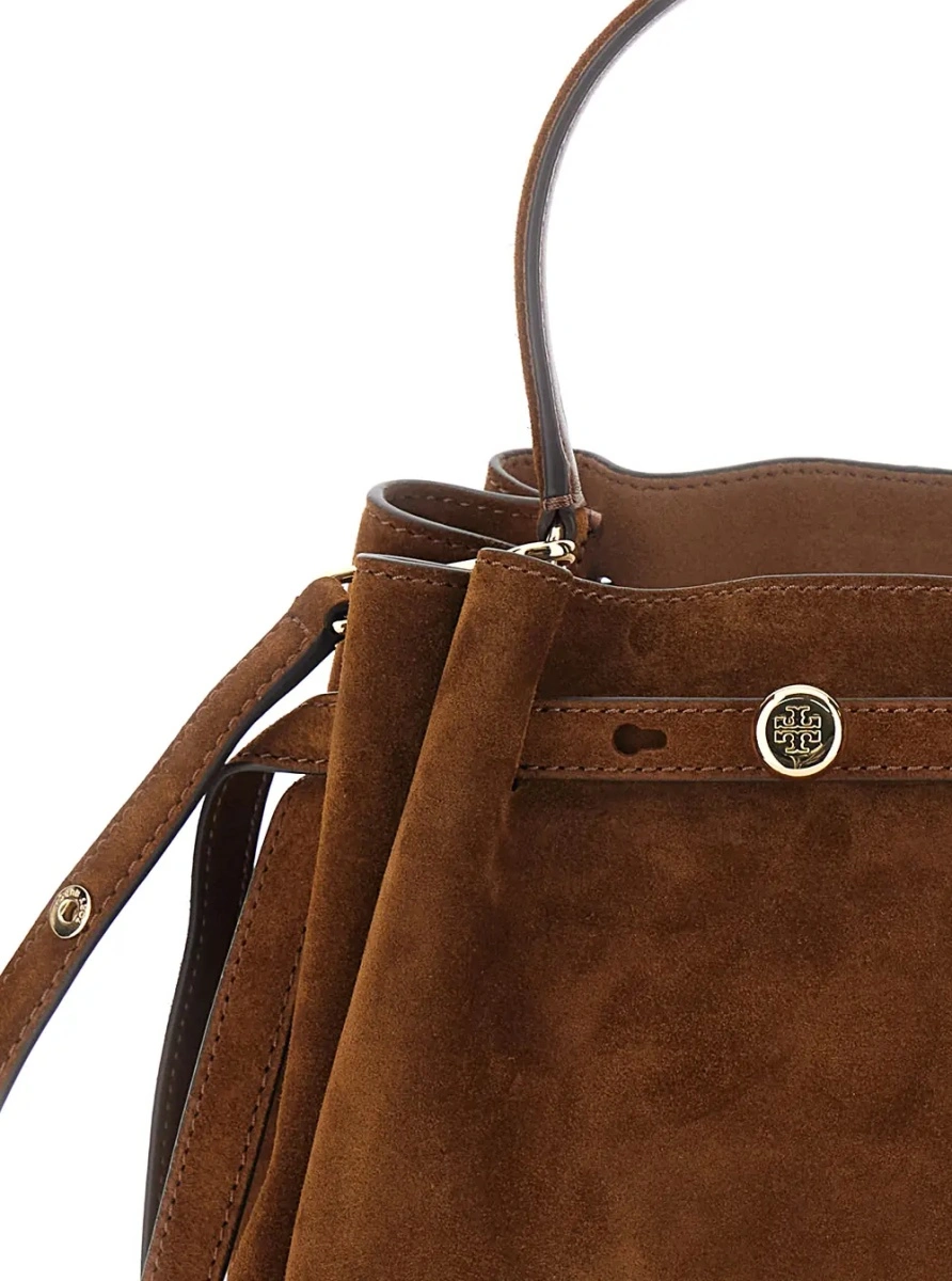Geanta de mana Tory Burch maro din piele intoarsa 'Romy Bucket Bag' - Img 3