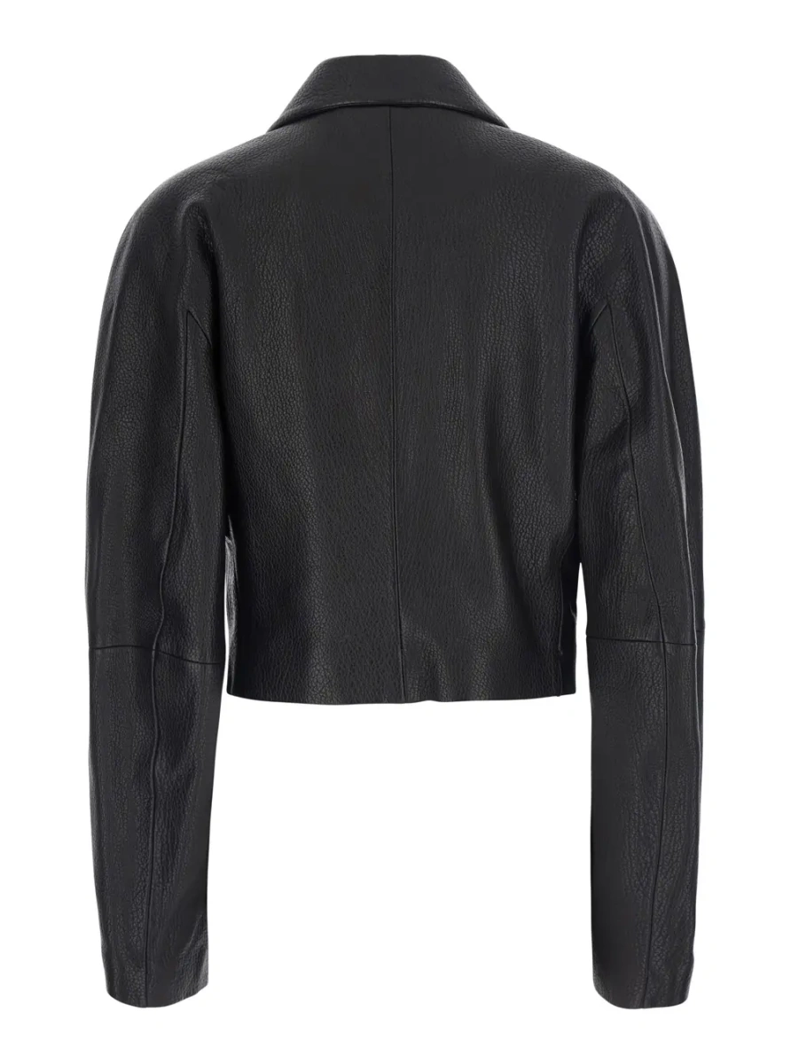Jacheta Black Cropped Jacket with Classic collar in Leather for Women - Img 2