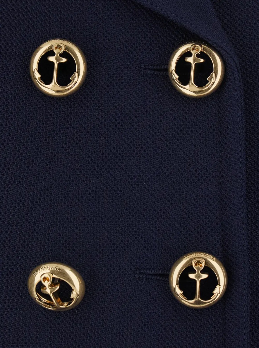 Jacheta Blue Cropped Jacket with Wide Notched Revers and Halfbelt in Wool for Women - Img 2