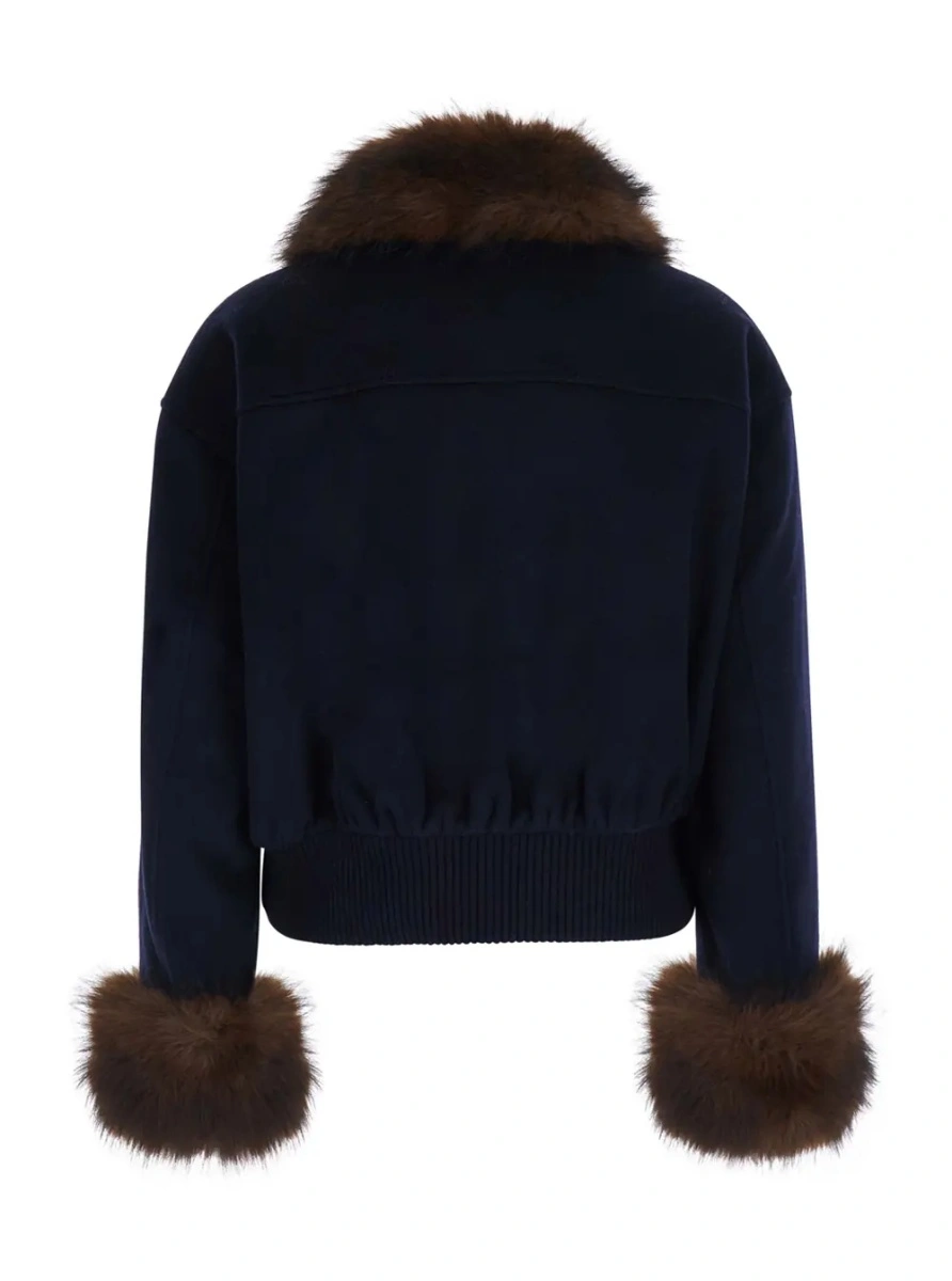 Jacheta Blue Jacket with Fur Details and High Collar, in Wool, Color Blue, Woman - Img 2