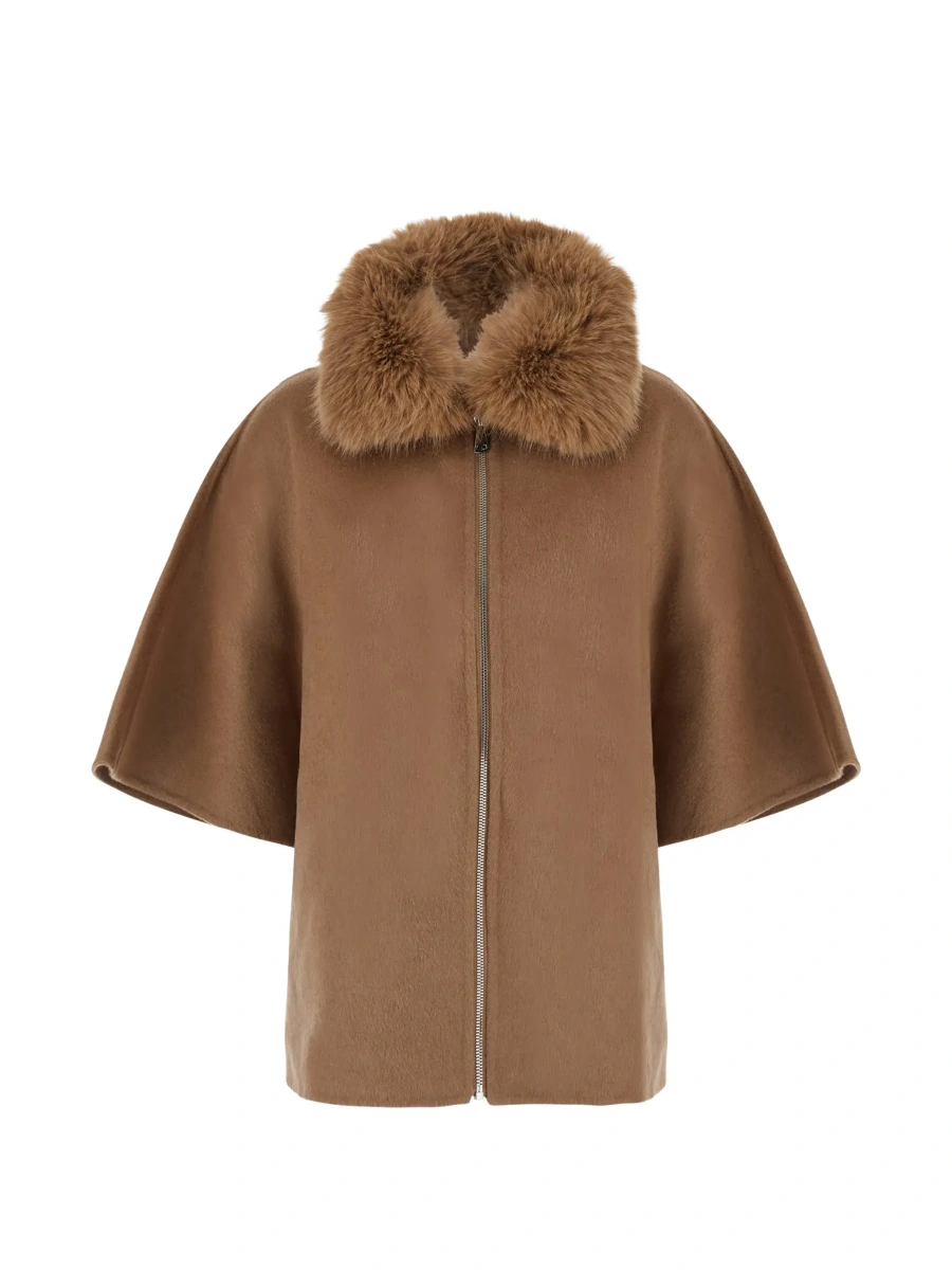 Palton Beige fur coat with removable fur collar and wide short sleeves in eco fur for women - Img 8