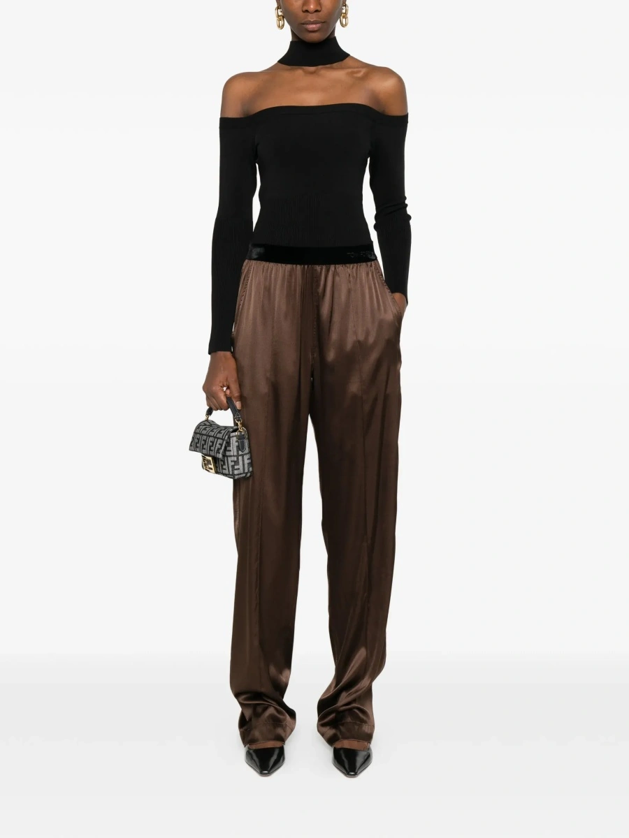 Pantaloni Brown Pants with Elastic Waist and logo lettering in Stretch Silk for Women - Img 4