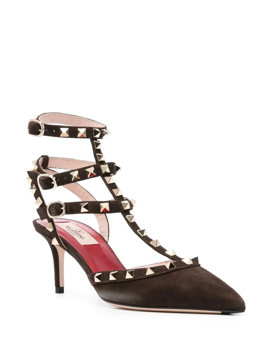 Pantofi cu toc Valentino Garavani 'Rockstud' maro din piele intoarsa - Img 5