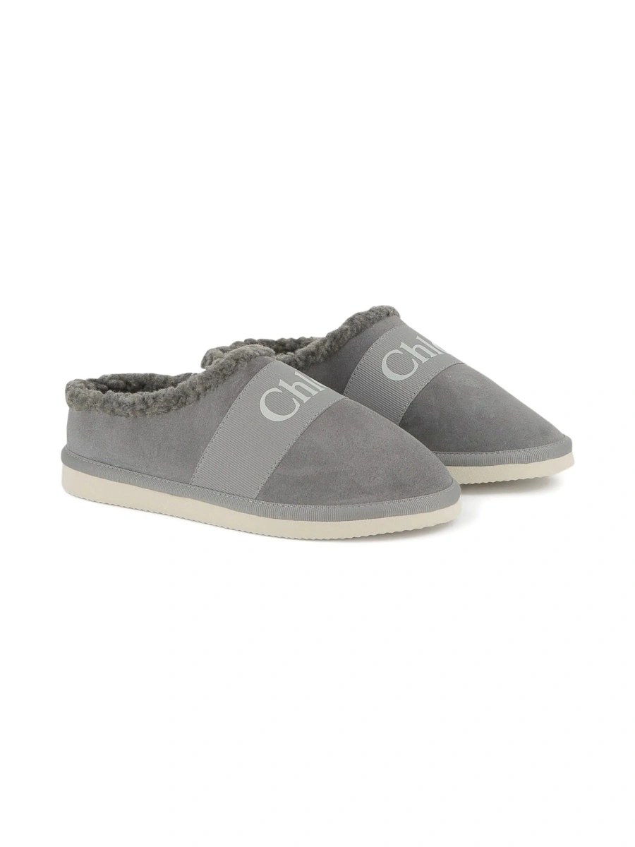 Papuci Chloe gri din piele intoarsa si material textil - Img 3