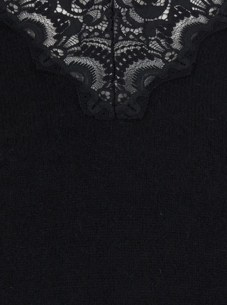 Pulover Black Sweater with V Neck with Lace Embroidery in Wool Blend for Women - Img 3