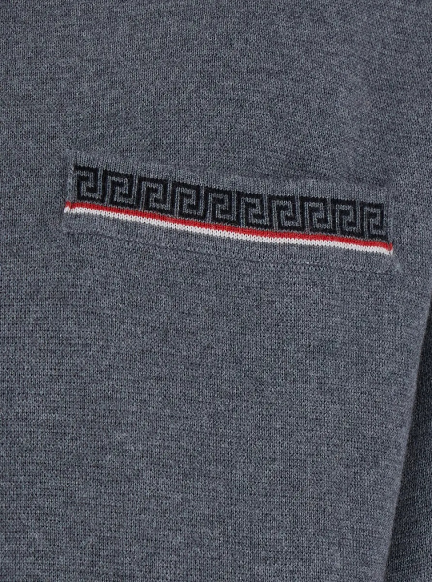 Pulover Grey Sweater with classic collar and Greca detail on the front in wool for men - Img 3