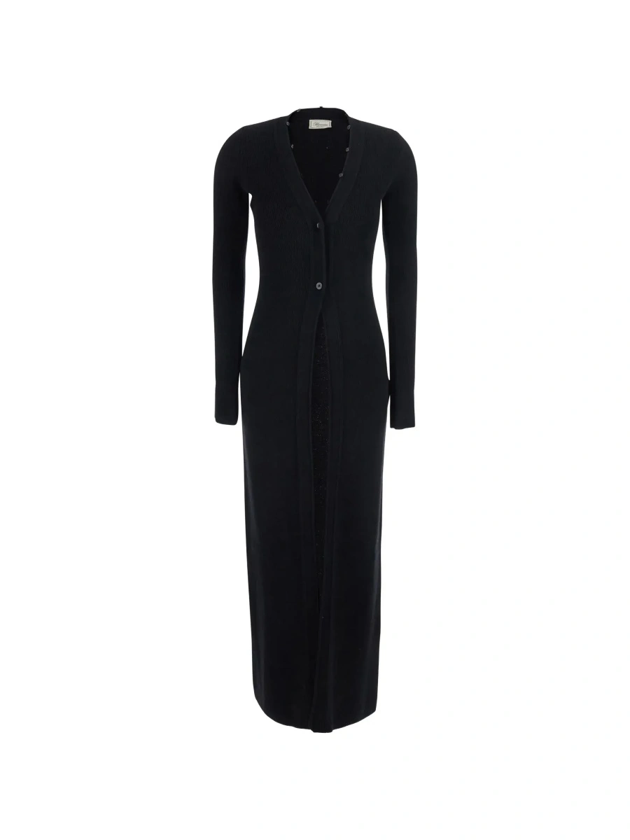 Rochii Black Long Dress with High Fur Collar in Wool for Women - Img 6
