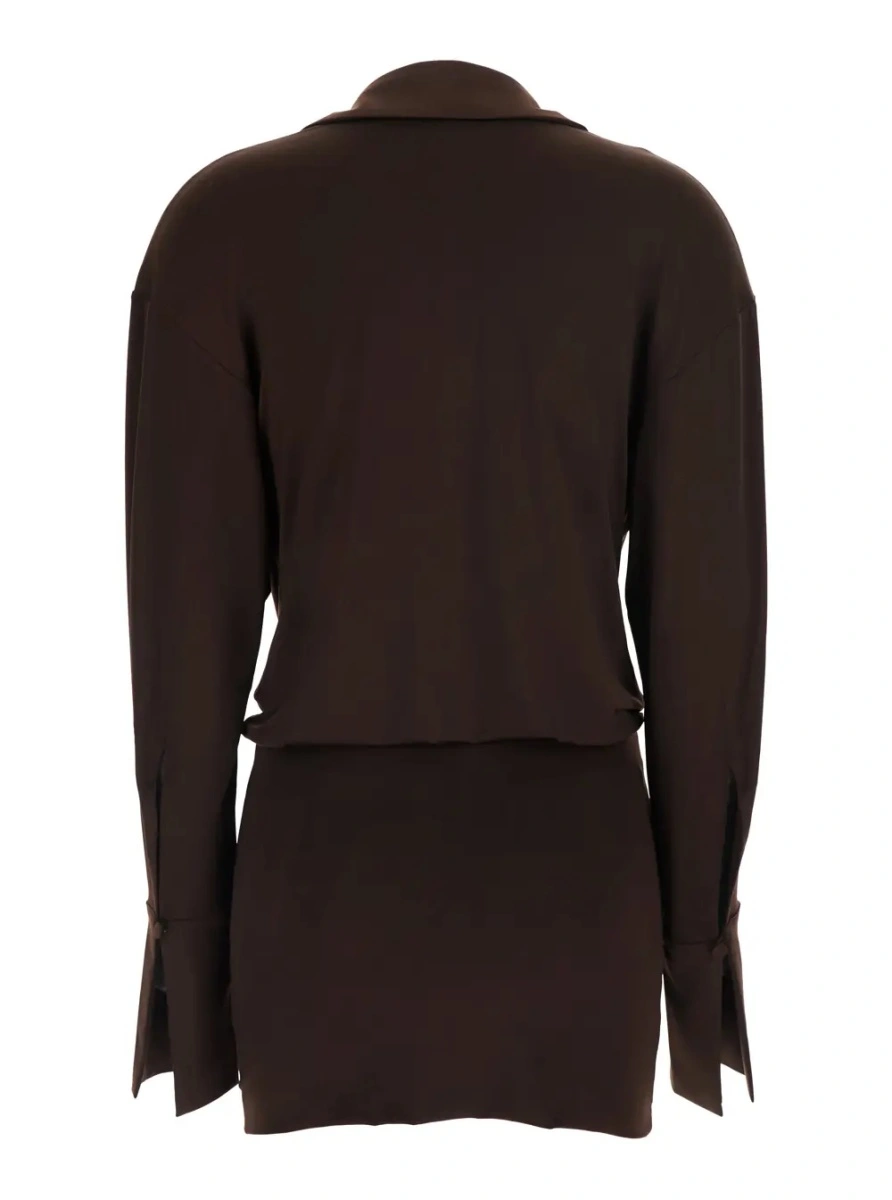 Rochii 'Lilia' Brown Mini Dress with Deep V-Neck and Open Collar in Stretch Tech Fabric for Women - Img 2