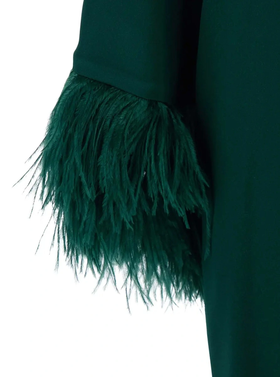 Rochii 'Violetta' Green Dress with Long Sleeves and Feather Details in Satin for Women - Img 3