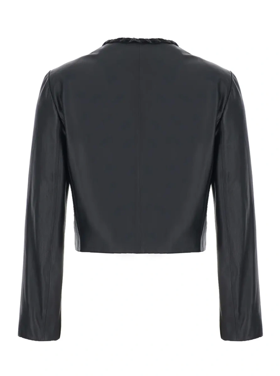 Sacou Black Crop Crew-Neck Jacket with Interlaced Details in Leather for women - Img 2