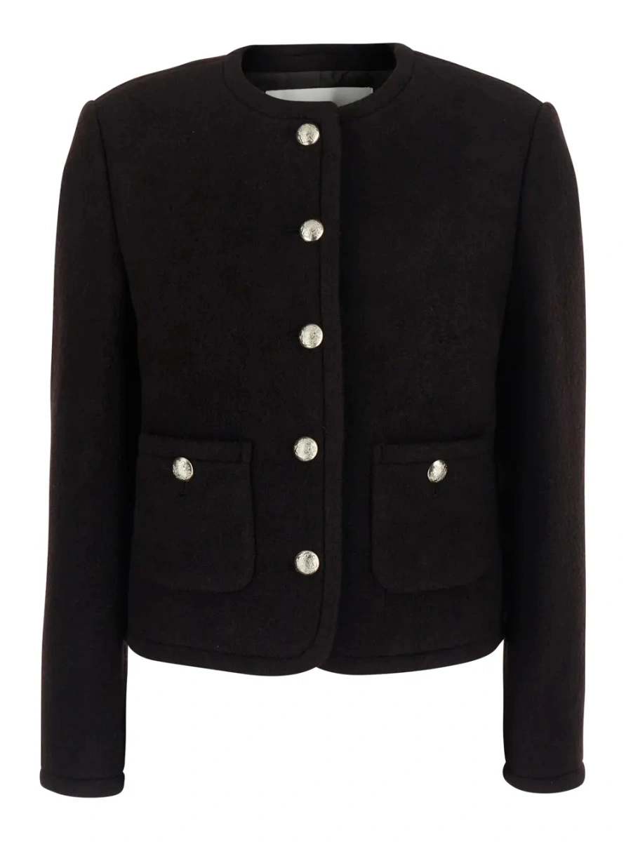 Sacou Brown Round-Neck Jacket with Jewel Button Closure in Wool for Women - Img 3