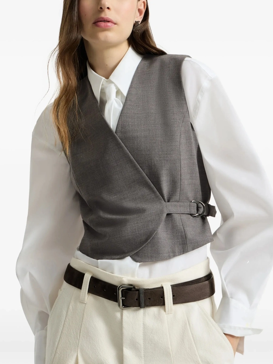 Topuri Grey Sleeveless top with V-neck and side buckle closure in wool blend for women - Img 7
