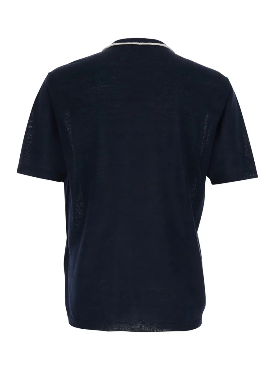 Tricou Blue Crew Neck T-shirt with Tone-on-Tone Logo on the Front in Linen and Silk Blend for Men - Img 2