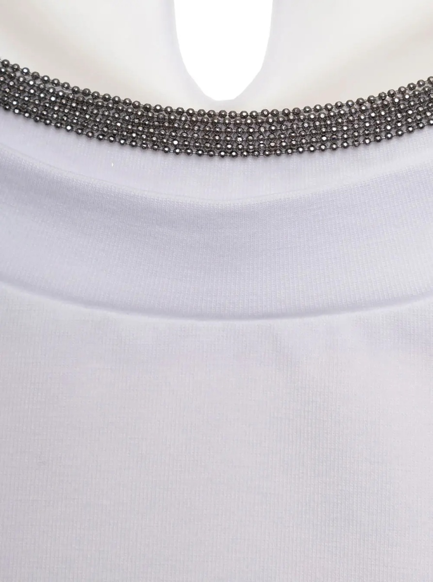 Tricou white T-shirt with round neck and Monile details in cotton for women - Img 2