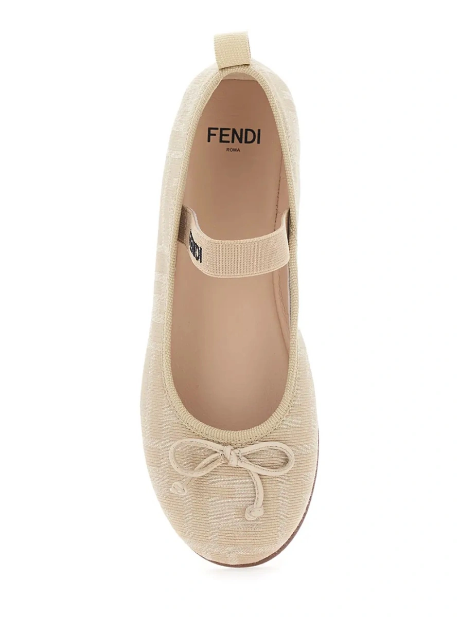 Balerini FF Ballet Shoes with Logo Strap and All-Over FF Motif in Beige Fabric for Girls - Img 4