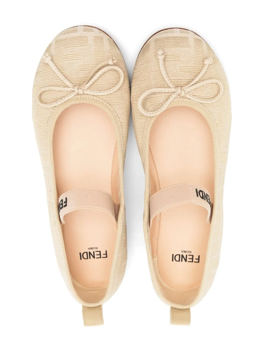 Balerini FF Ballet Shoes with Logo Strap and All-Over FF Motif in Beige Fabric for Girls - Img 6