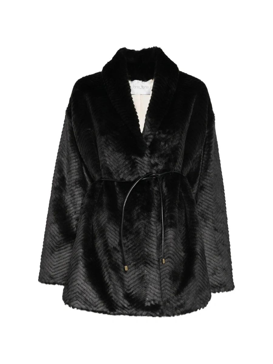 Blanuri Black shearling jacket with front belt in eco fur for women - Img 8
