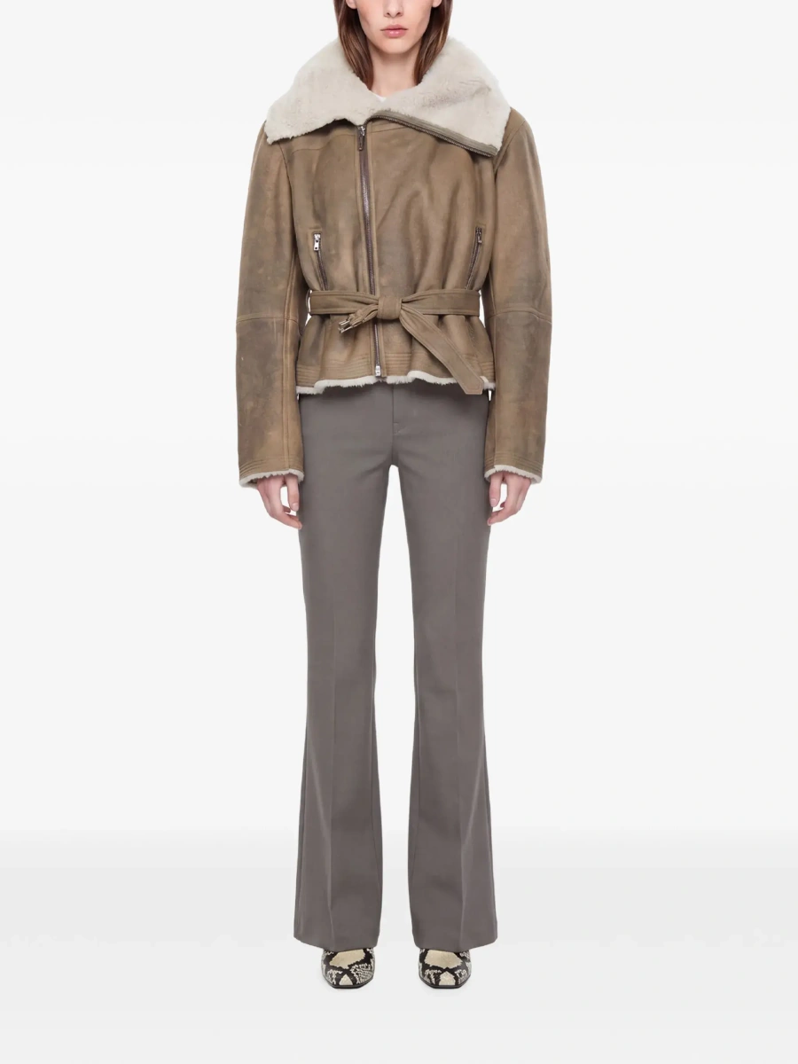 Blanuri Gray High-neck cropped shearling jacket with off-center zip closure and front belt in suede for women - Img 4