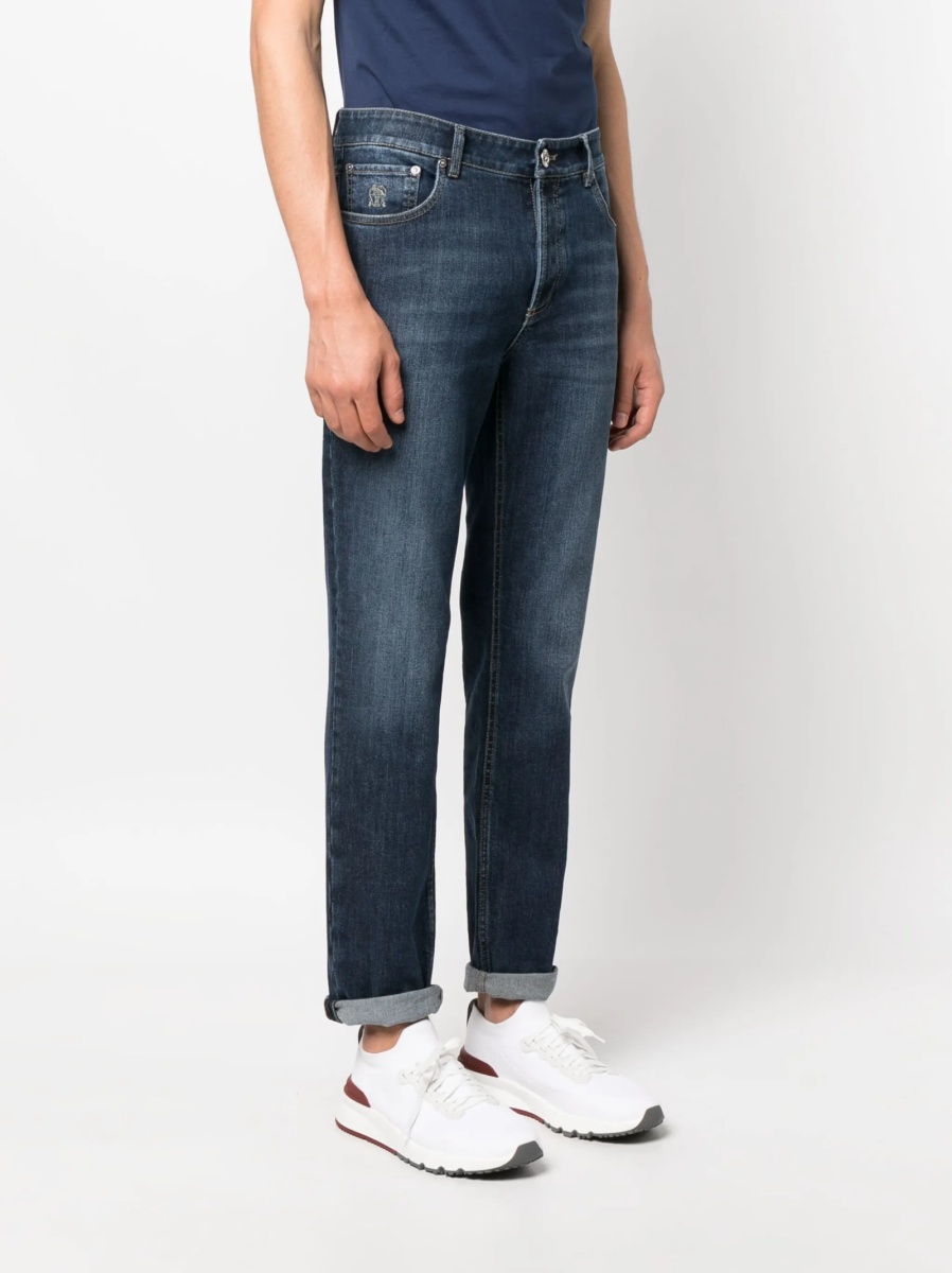 Blugi slim fit Brunello Cucinelli albastri din elastan si piele - Img 3