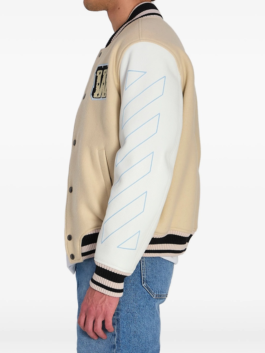 Bomber jacket Off-White neutra din piele si lana - Img 4