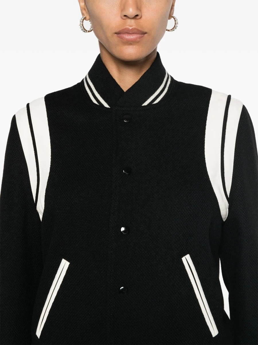 Bomber jacket Saint Laurent neagra din piele si lana - Img 5