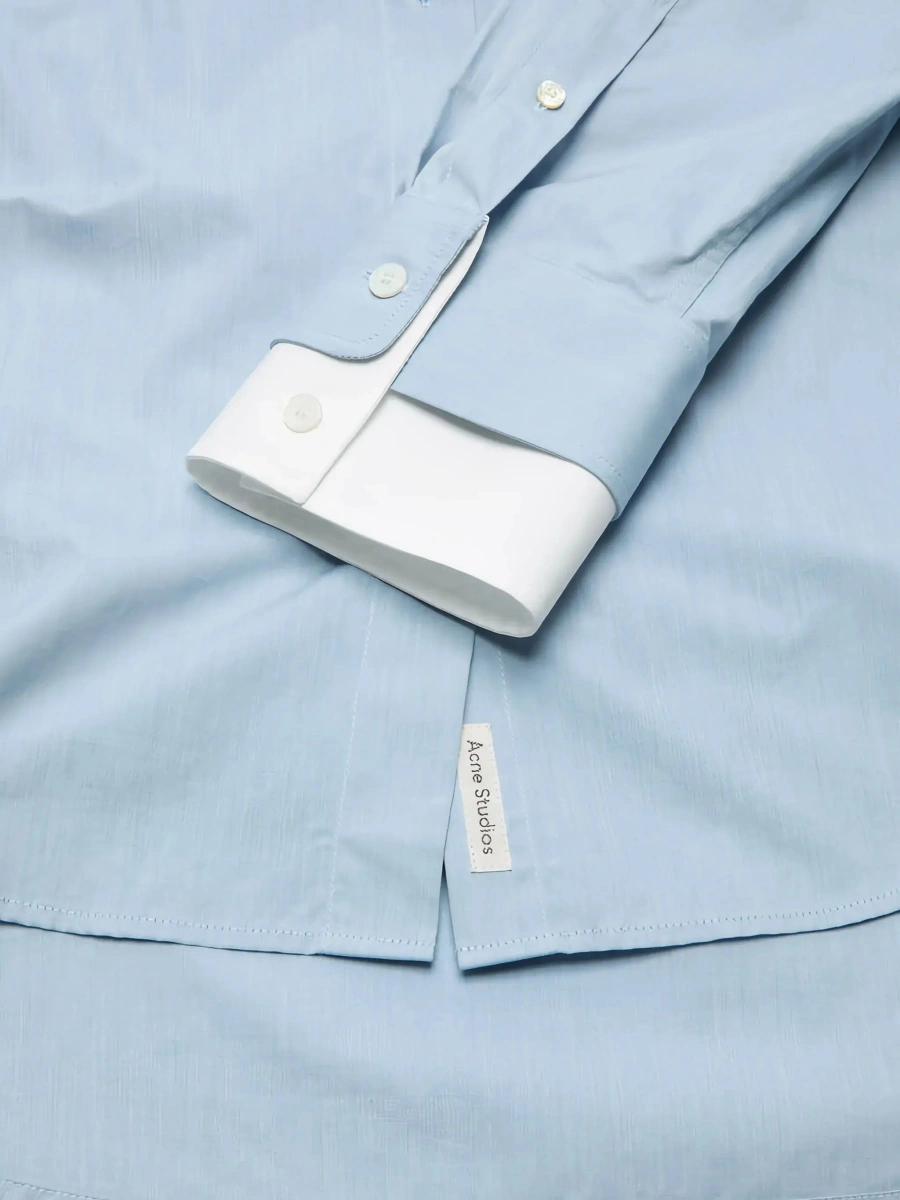 Camasa Blue Shirt 'SITARA MELANGE COTTON SHIRTING' with Classic Collar and Long Sleeves in Cotton for Women - Img 5