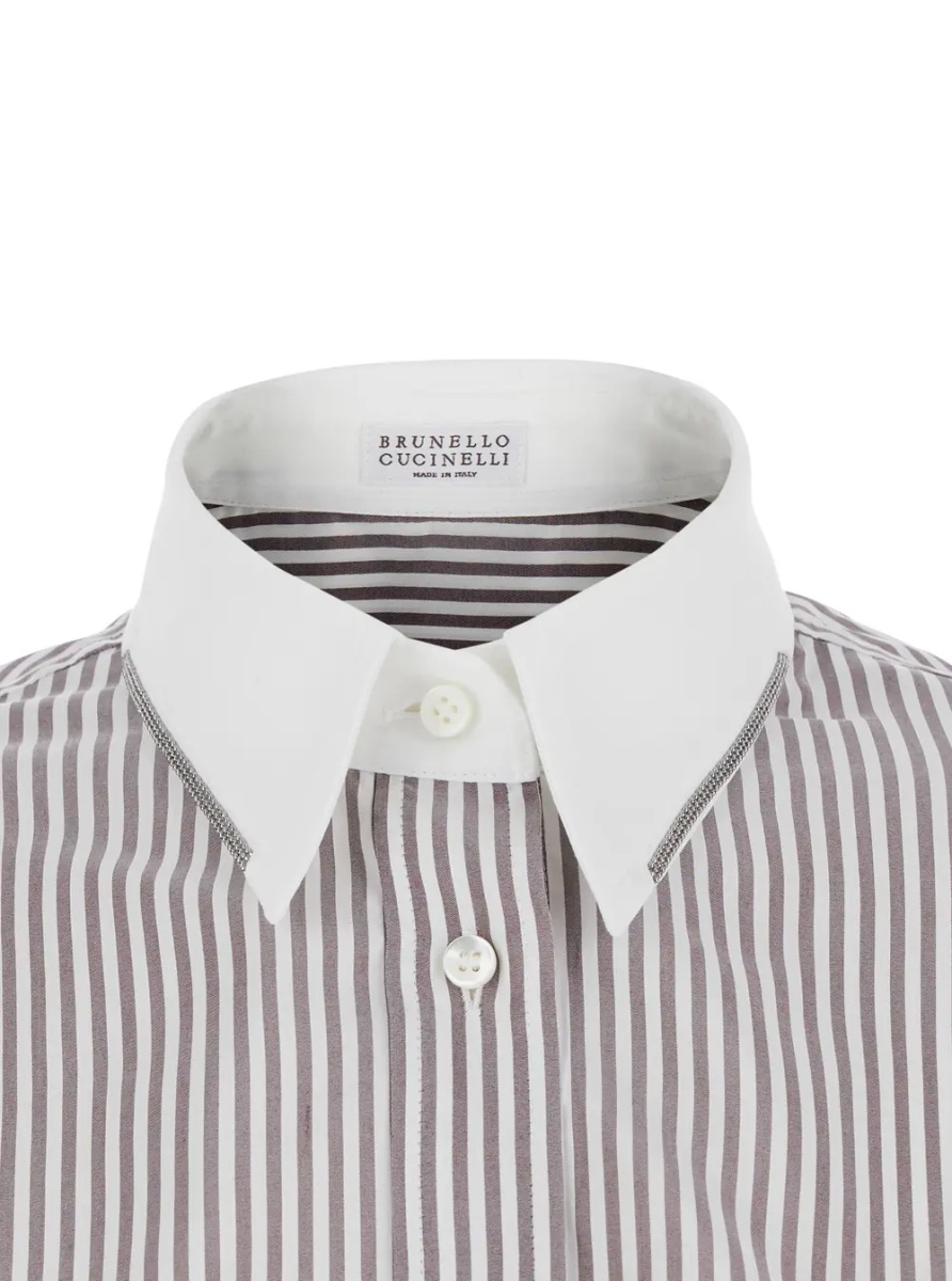 Camasa Brown Shirt with All-over Stripe Motif and Balloon Sleeves in Silk for Women - Img 3