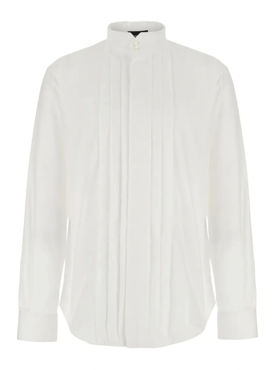 Camasa White High-neck shirt with buttons and pleated design in cotton for men - Img 3