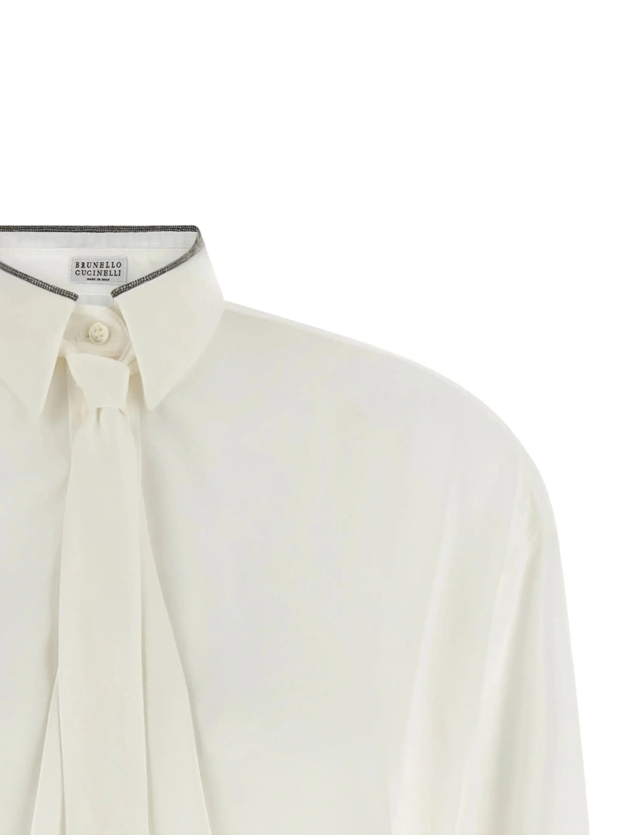 Camasa White Shirt with pointed collar with Monil and removable bow tie on the front in silk for women - Img 6