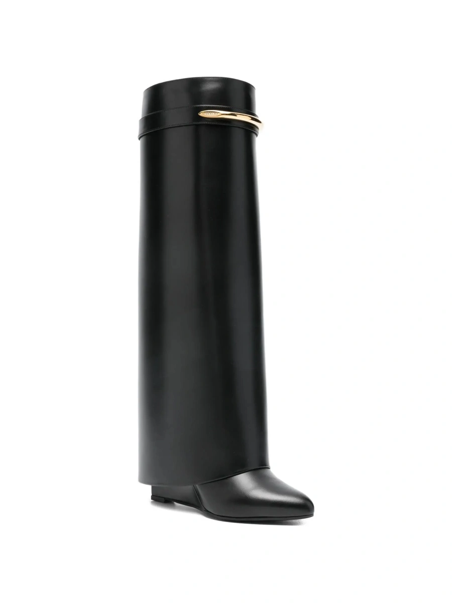 Cizme High Wedge Heeled 'Shark' Pointed Boots with Logo Plate on the Front in Black Leather for Women - Img 5