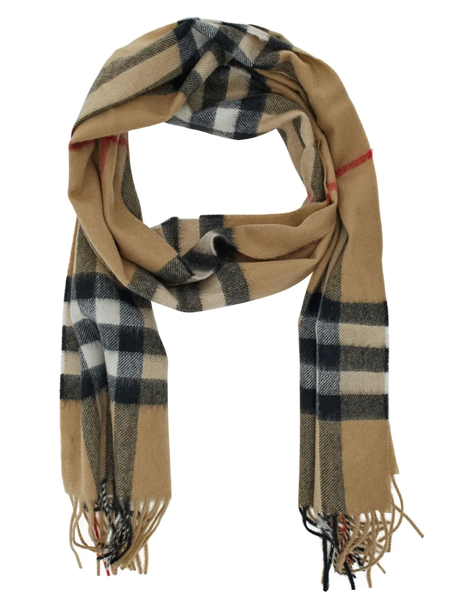 Esarfa Beige Scarf with Check Motif in Cashmere for Women - Img 2