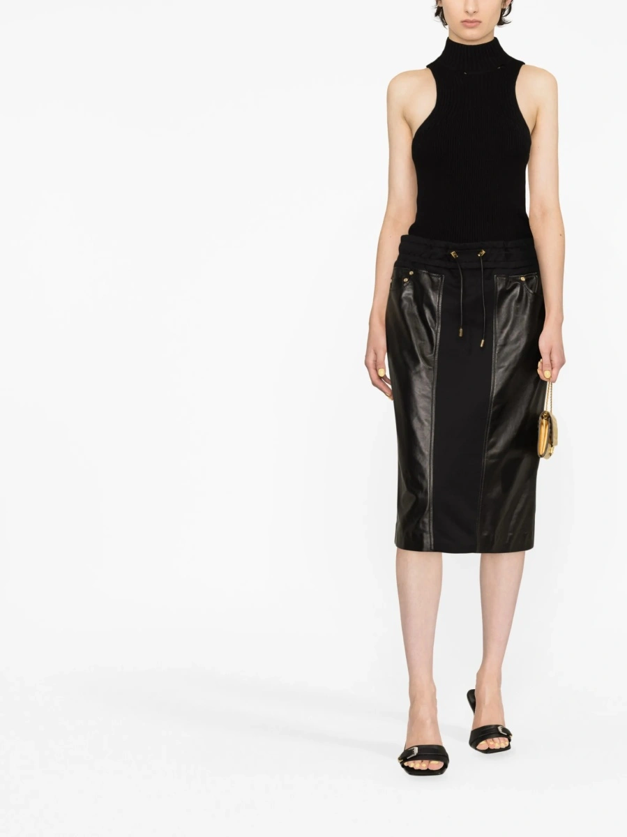 Fusta cu talie inalta Tom Ford neagra din piele si bumbac - Img 2