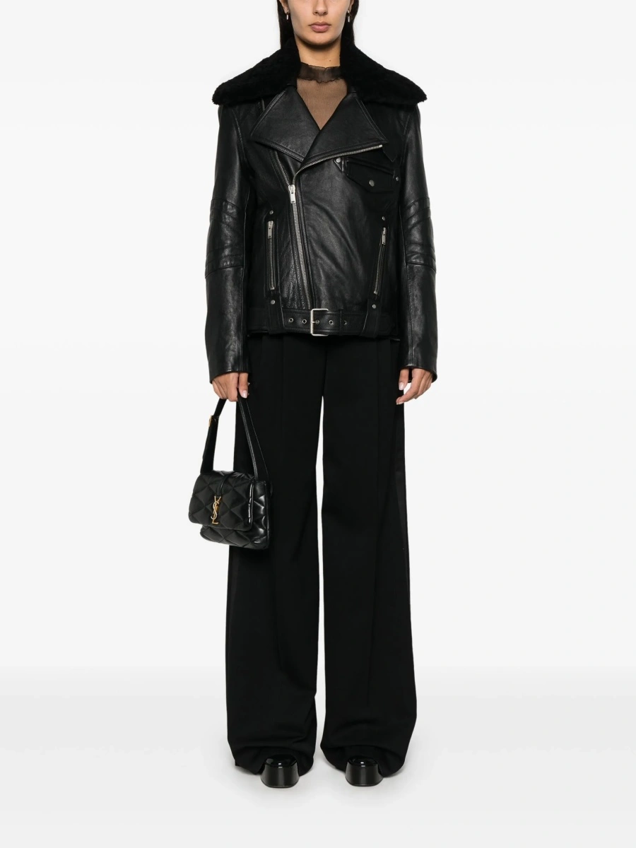 Geaca biker Saint Laurent neagra din piele si blana - Img 2
