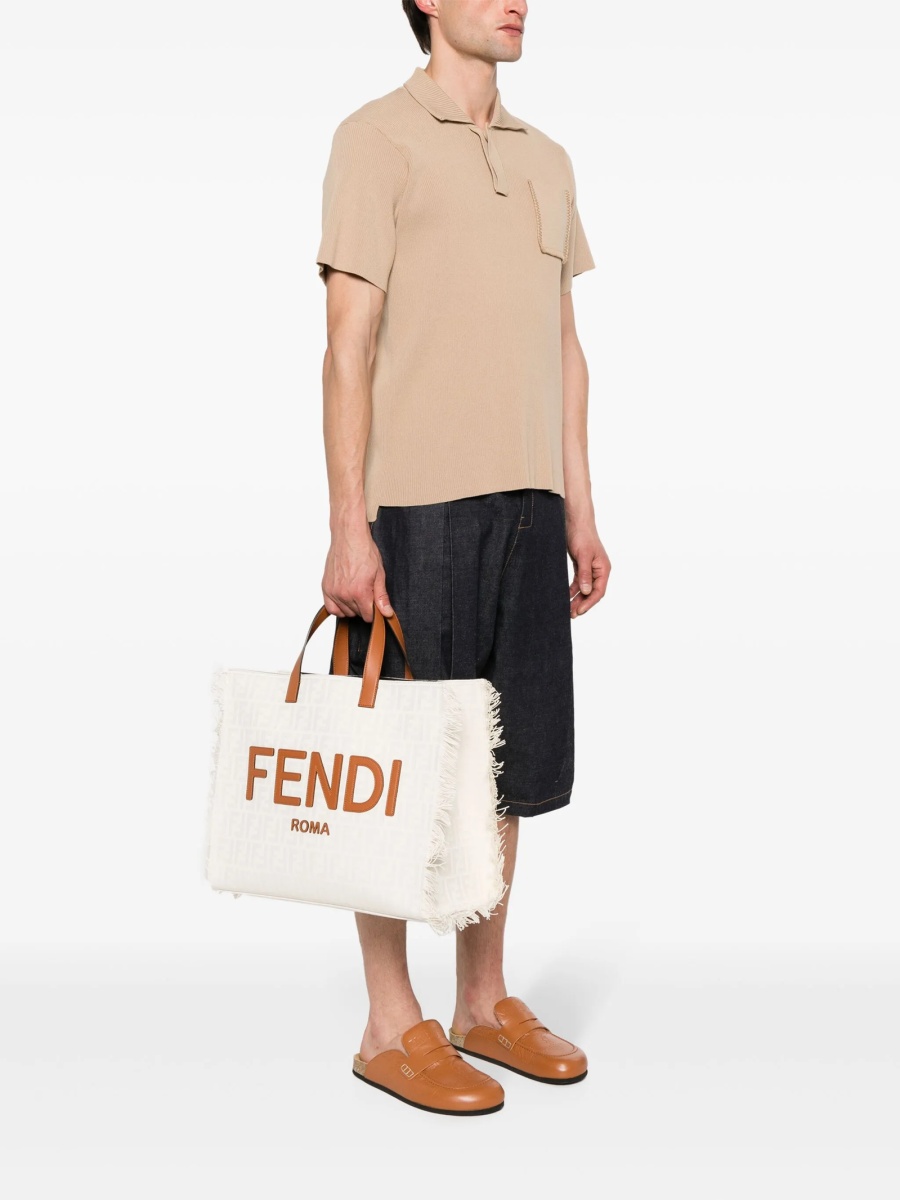 Geanta de mana Fendi neutra din piele si material textil - Img 2