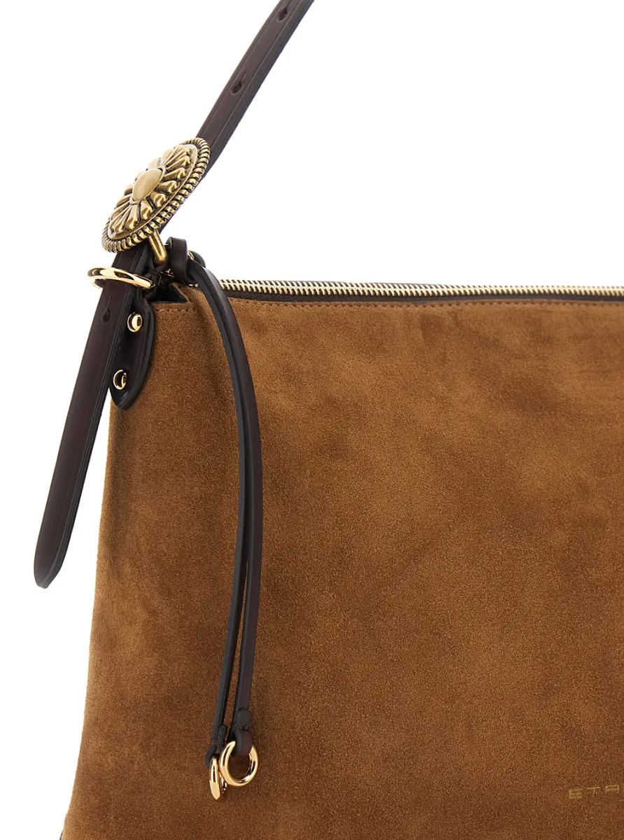 Geanta de umar Brown Shoulder bag with adjustable strap and Logo lettering on the front in suede for women - Img 3