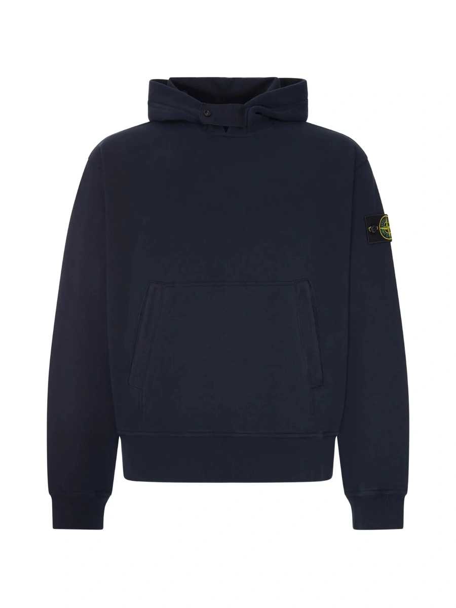 Hanorace blue sweatshirt with fixed hood and logo patch on the sleeve in cotton for men - Img 5