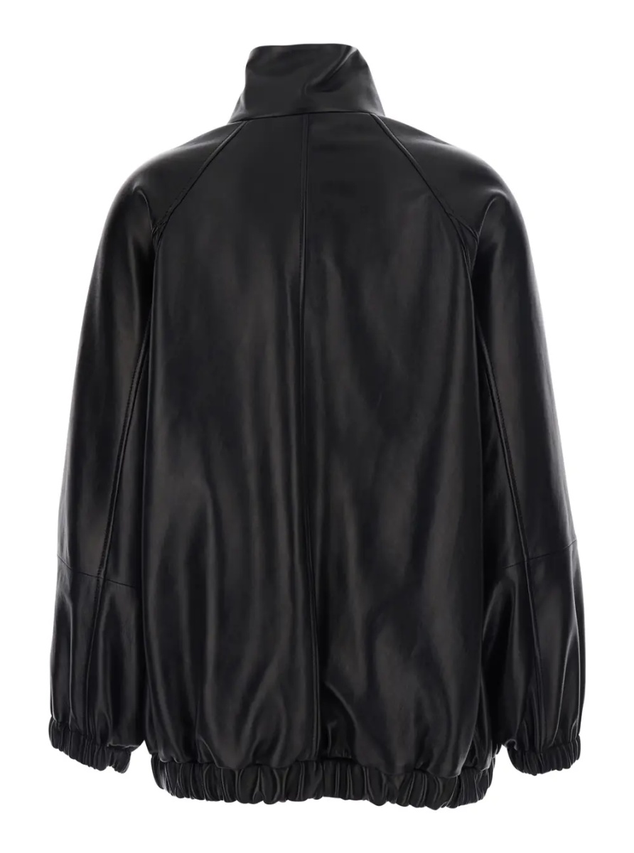 Jacheta Black High Collar Jacket with Elasticized Trims in Leather for Women - Img 2