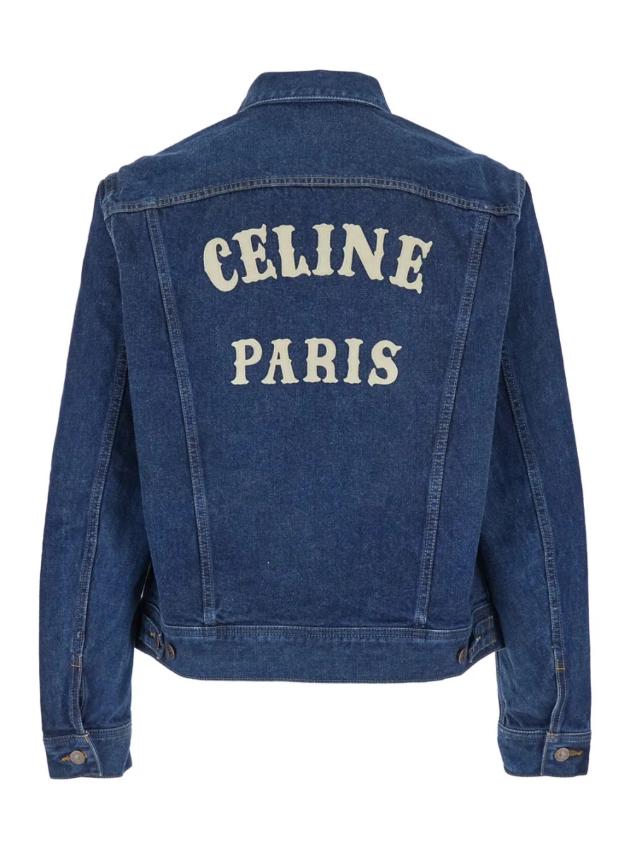 Jacheta Blue cotton jacket with classic collar and maxi Logo lettering on the back for men - Img 2