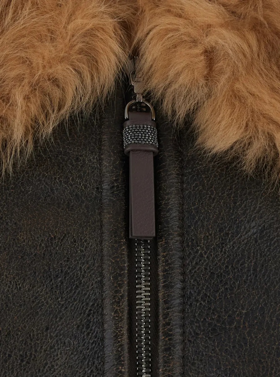 Jacheta Brown Jacket with Fur Collar and Monil Zipper Pull in Leather for Women - Img 3