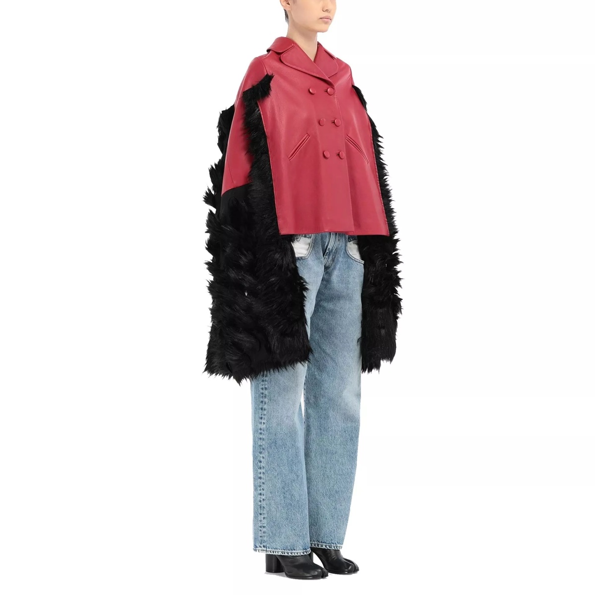 Maison Margiela Faux Fur Trimmed Leather Cape Jacket - Img 3