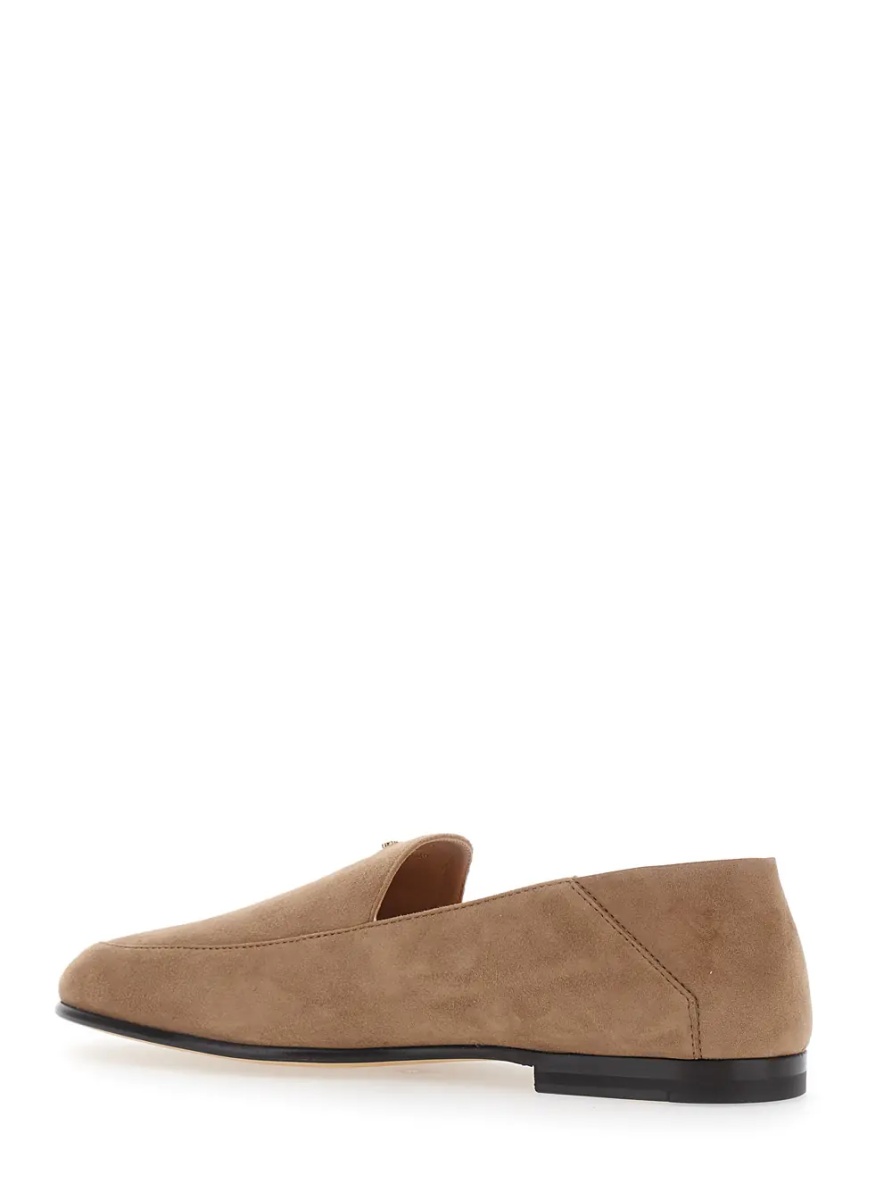 Mocasini Beige Loafers with logo lettering plate on the front in suede for women - Img 3