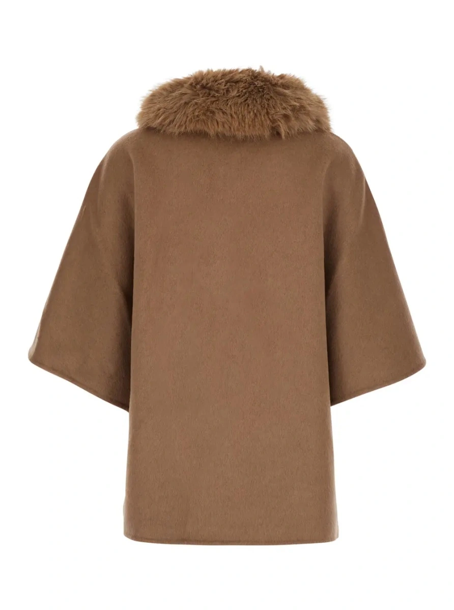 Palton Beige fur coat with removable fur collar and wide short sleeves in eco fur for women - Img 2