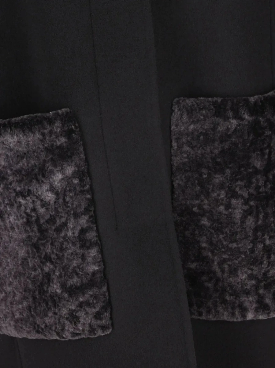 Palton Black Crewneck Coat with Puffed Sleeves and Two Front Shearling Pockets in Wool Blend Woman - Img 4