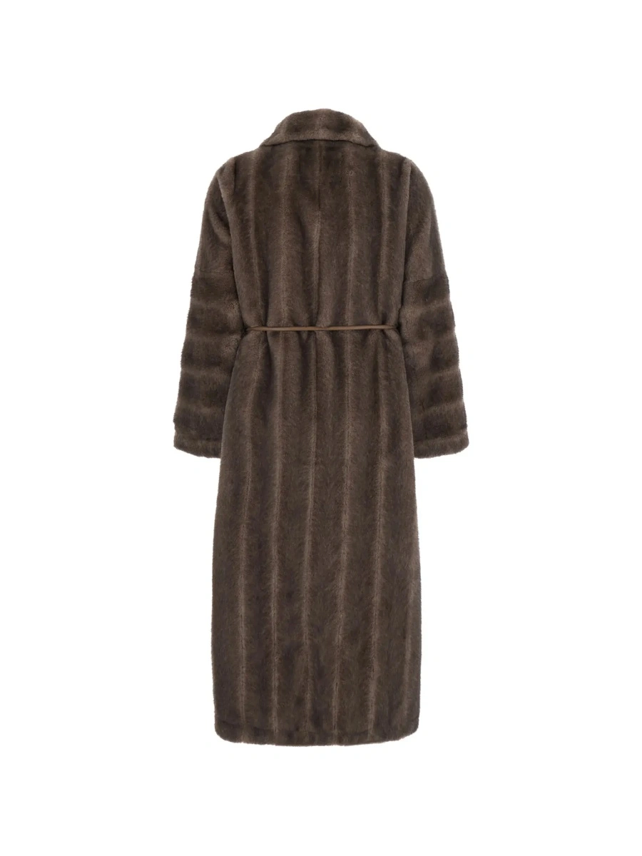 Palton Brown Shearling coat with wide collar and front belt in ecofur for women - Img 4