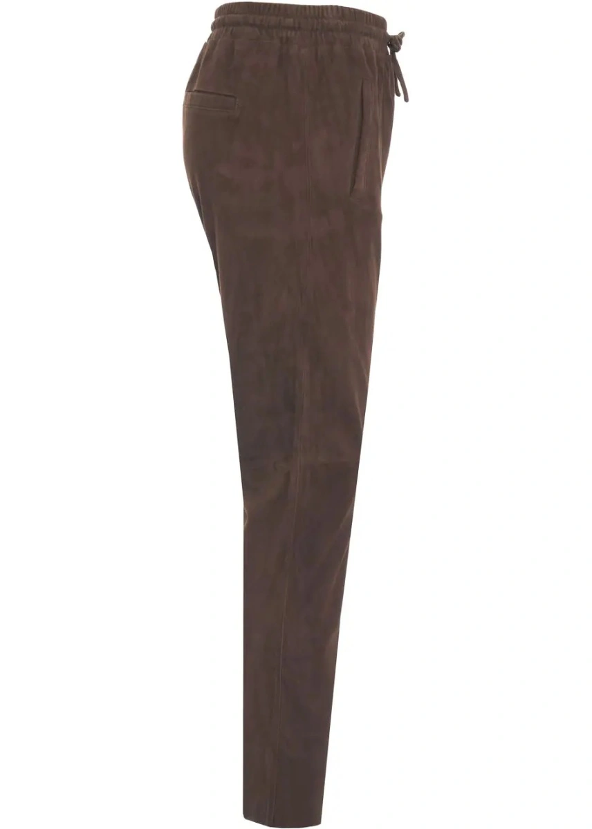 Pantaloni casual Oakwood maro din piele intoarsa - Img 3