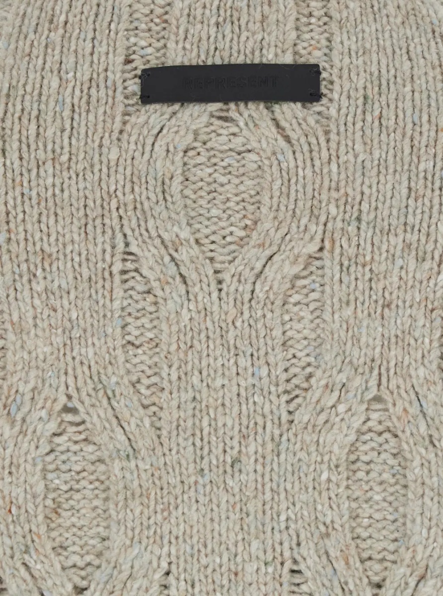 Pulover Beige Crewneck sweater with distressed effect and logo patch on the back in Tech Fabric for men - Img 3