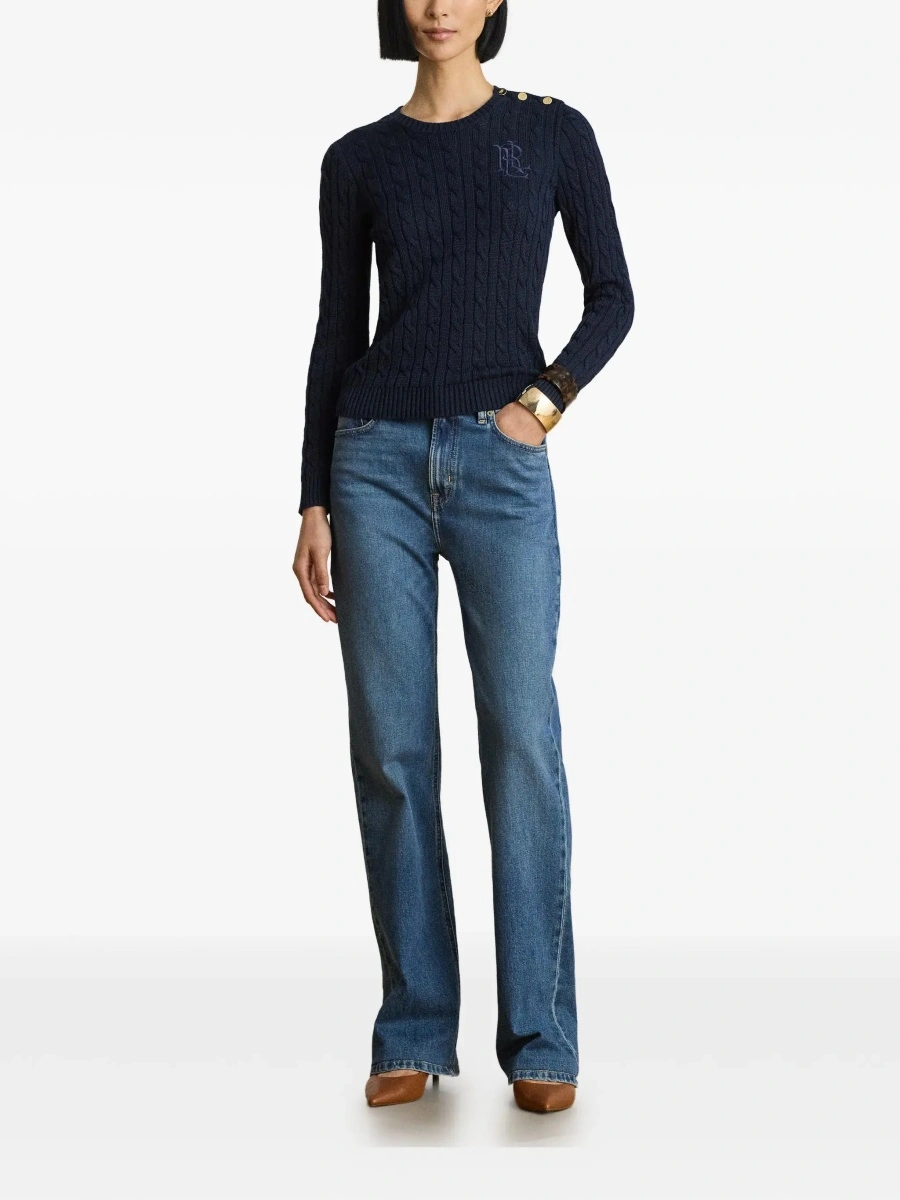 Pulover blue Crewneck sweater with cable knit and logo on the front in cotton Blend women - Img 4